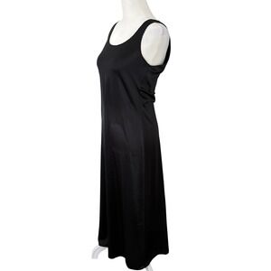 Vintage Black Satin Maxi Slip Dress Scalloped Trim Scoop Neck Small Lingerie